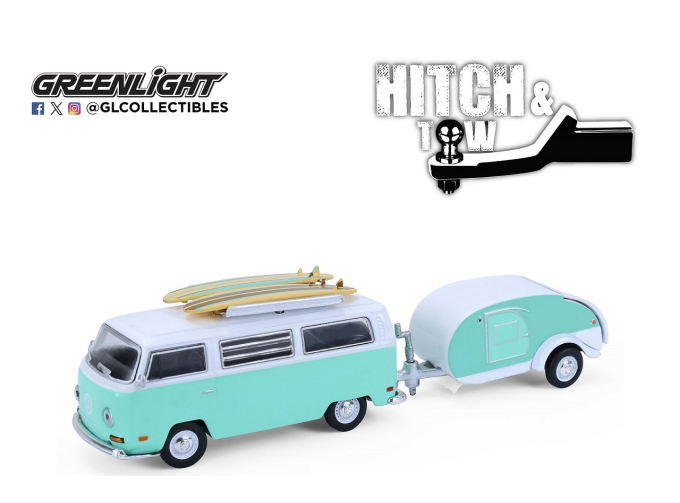 VOLKSWAGEN T2 с досками для серфинга и с прицепом-кемпером "капля" (1971), Blue/White