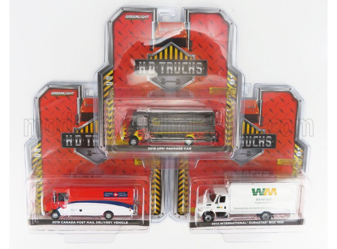 INTERNATIONAL SET ASSORTMENT 6 PIECES - 2X DURASTAR TRUCK WASTE MANAGMENT (2013) - 2X TRUCK UNITED PARCEL SERVICE (2019) - 2X TRUCK MAIL DELIVERY CANADA POST 2019, VARIOUS