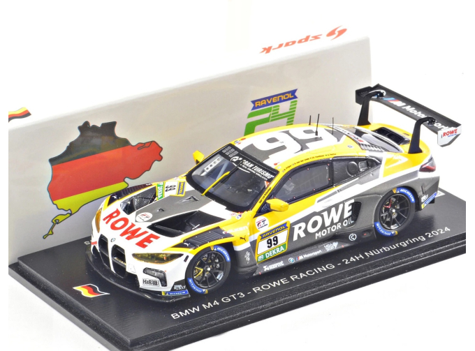 BMW 4-series M4 Gt3 Team Rowe Racing №99 24h Nurburgring (2024) R.Frijns - S.van Der Linde - D.Vanthoor - A.Farfus, Grey Yellow White