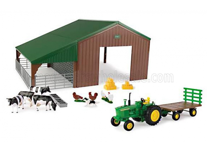 JOHN DEERE 4020 Tractor (1968) With Animals And Farm Building - Diorama Stalla Con Animali, Green