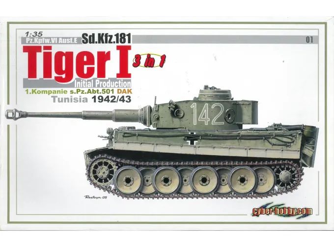 Сборная модель Танк Pz.Kpfw.VI Ausf.E Tiger I Initial Production, 1.Kompanie s.Pz.Abt.501 DAK, Tunisia 1942/1943 (3 in 1)
