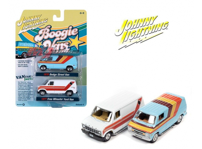 DODGE Street Van (1976), Light Blue with Red/Orange/Yellow stripes, FORD Cruisin Van (1977), White with Red/Orange Stripes