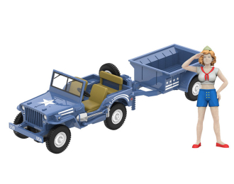 Willys MB Jeep with Cargo Trailer and Military Pin-Up Girl Figurine America 250 Edition *Hitch & Tow* (1943), blue