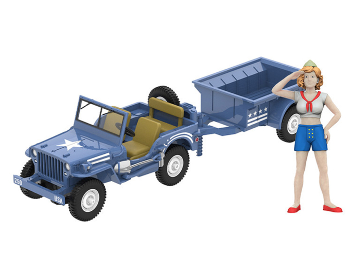 Willys MB Jeep with Cargo Trailer and Military Pin-Up Girl Figurine America 250 Edition *Hitch & Tow* (1943), blue