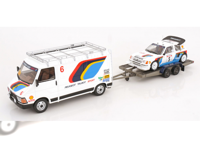 PEUGEOT TDC Rally Set mit 3 Modellen Citroen C35 Peugeot 205 GTI Trailer, Fauchille/Saby (1986)