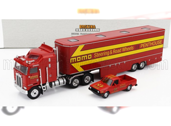 KENWORTH K100 Aerodyne Truck Car Transporter Penthouse Momo (1976) With Volkswagen Caddy Pick-up 1982, Red Yellow