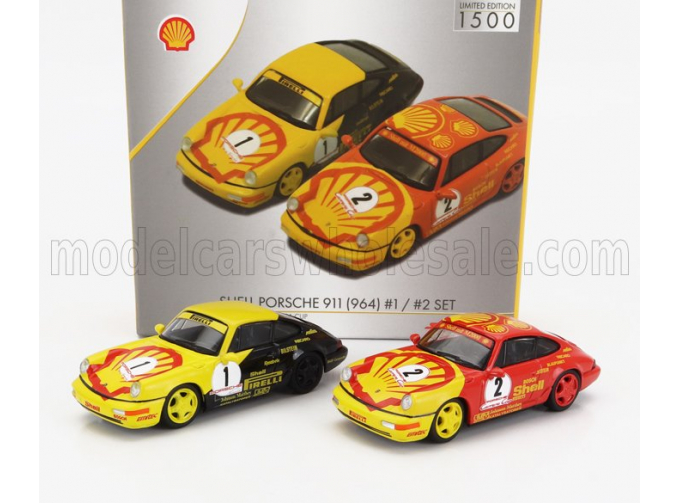 PORSCHE Set 2x 911 964 №1 Carrera Cup Shell Pirelli 1991 W.kaufmann + N 2 Carrera Cup Shell Trophy (1991), Yellow Red Black