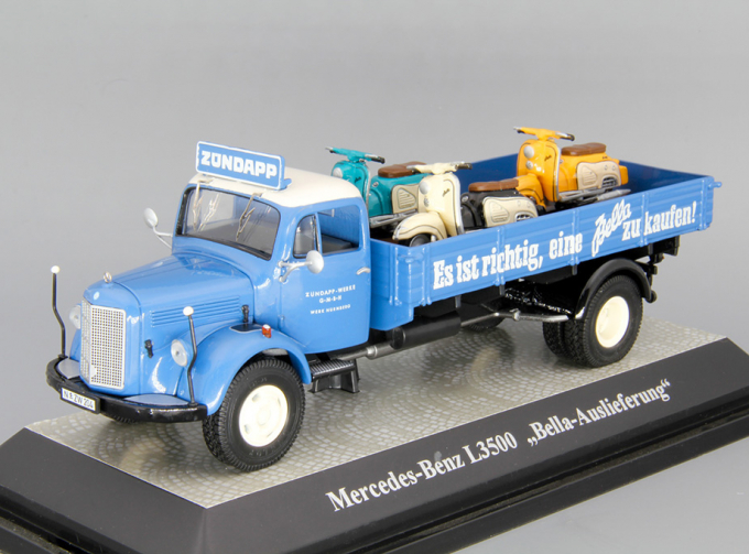 MERCEDES-BENZ L3500 "Bella-Auslieferung" (с тремя мотоциклами в кузове), blue