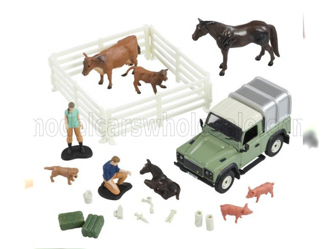 LAND ROVER Land Defender 90 Pick-up Closed With Animals And Figures (1984), Green Silver