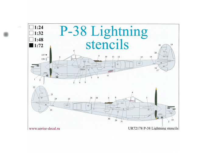 Декаль для P-38 Lightning, тех. надписи