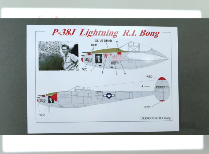 Декаль для P-38J Lightning R.I. Bong, с тех. надписями