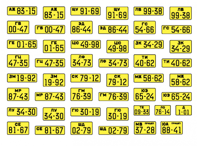 Фототравление Номерные знаки стандарта 1946 гг. (ГОСТ 3207-46), желтые послевоенные