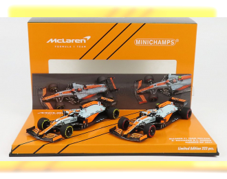 McLAREN F1  Set 2x Mcl35l Mercedes M12 Eq Power+ Team Mclaren N 3 Monaco Gp 2021 Daniel Ricciardo + N 4 3rd Monaco Gp 2021 Lando Norris, Orange Light Blue