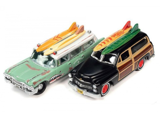 MERCURY Woody Wagon (1950), black + CADILLAC Ambulance (1959), light green