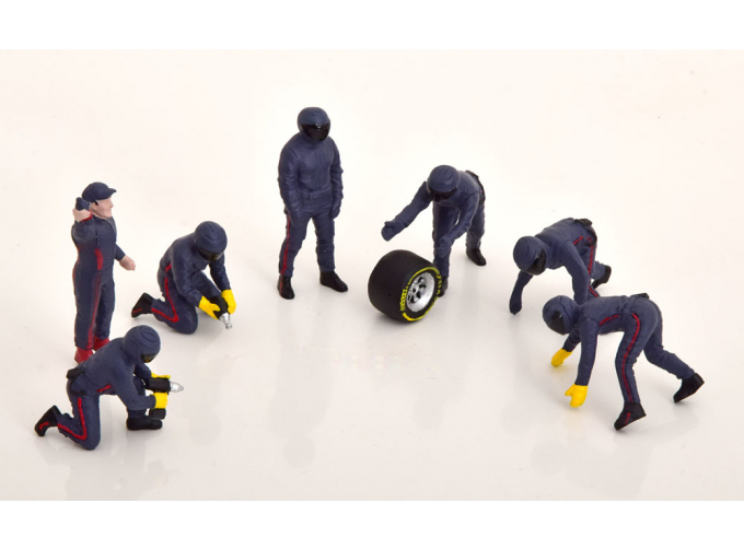 FIGURES F1 Set 2 2022 - Diorama Pit-stop Set 7 X Meccanici - Mechanics - With Decals, Matt Blue Red