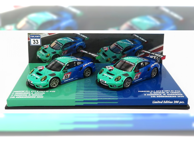 PORSCHE Set 2x 911 991 Gt3 R Team Falken Motorsports N 44 24h Nurburgring 2020 P.dumbreck- M.ragginger - S.muller - K.bachler + N 33 24h Nurburgring 2020 K.bachler - S.muller - C.engelhart - D.werner, Light Green Blue