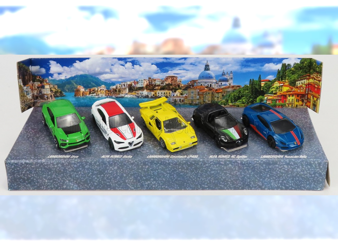 LAMBORGHINI Set Assortment 5 Pieces Italy Dreams Cars - Urus - Countach Lp400 - Huracan Avio - Alfa Romeo Giulia - 4c Spider, Various