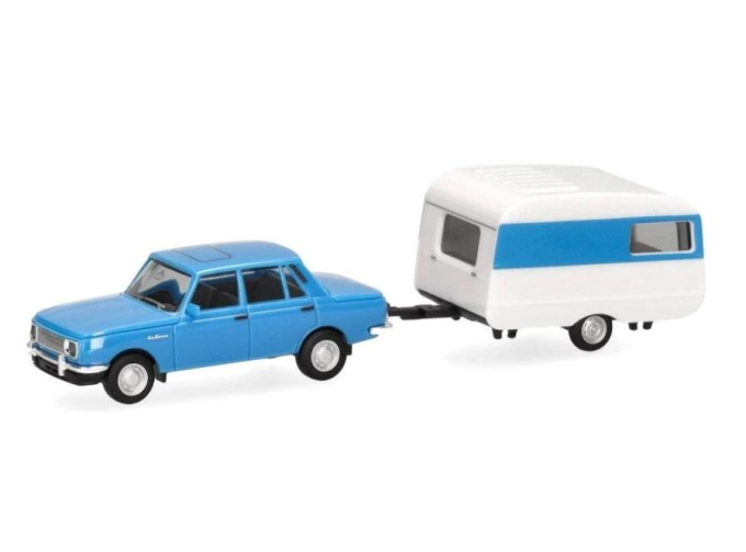 WARTBURG 353 with Qek-Junior caravan (1982), blue / white