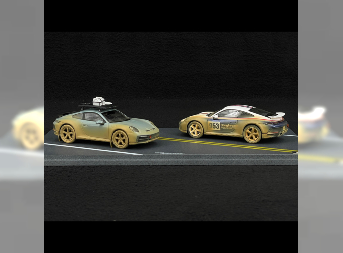 PORSCHE Set 2x 911 992 Dakar №00 Ahead Coupe (2024) + №953 Ahead Coupe (2024), White Blue Red Shade Green