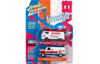 VOLKSWAGEN Type-2 Transporter (1965) white/red + FORD Econoline Van (1976), white/blue