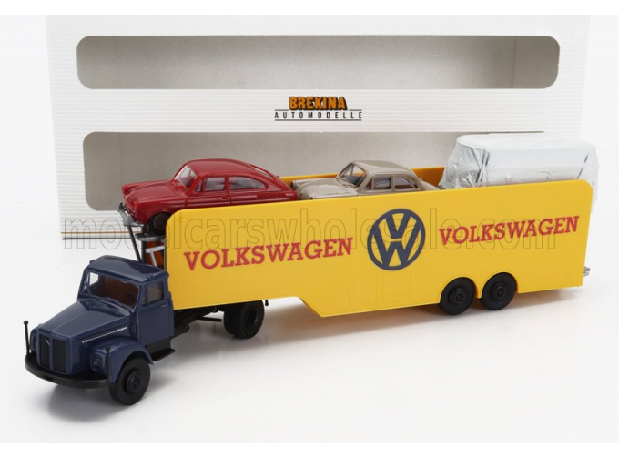 SCANIA L111 Truck Car Transporter With 2 Car Volkswagen, Blue Yellow