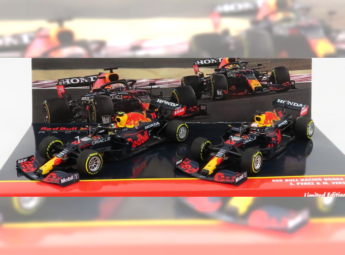 RED BULL Set F1 2x F1 Rb16b Honda Ra620h Team Aston Martin №33 Max Verstappen (2021) World Champion + №11 (2021) Sergio Perez, Matt Blue Yellow Red