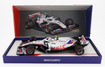 HAAS F1 Vf-21 Ferrari 065/6 Team Uralkali N 47 Belgium Gp (2021) Mick Schumacher With Michael Schumacher Retro Helmet Livery, White Blue Red