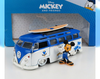 VOLKSWAGEN T1 Samba Minibus (1962) - With Topolino Mickey Mouse Figure - Walt Disney, White Blue