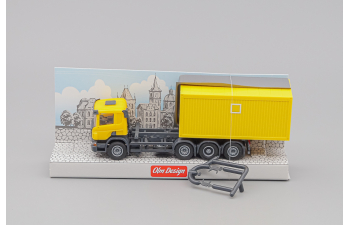 SCANIA P 8х2/4 контейнеровоз 20" с контейнером-бытовкой, жёлтый