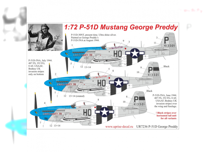 Декаль для P-51D-5/30 Mustang George Preddy, с тех. надписями