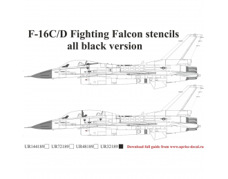 Декаль F-16C/D Fighting Falcon с тех. надписями, чёрная версия, FFA (удаляемая лаковая подложка)