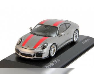 PORSCHE 911 R (2016), silver with red stripes and with black writing