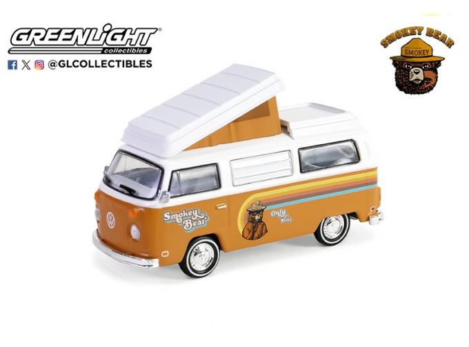 VOLKSWAGEN T2 Westfalia кэмпер с подъемной крышей "Be My Guest But Please Only You Can Prevent Forest Fires!" (1974), Brown/White