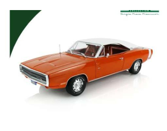 DODGE Charger R/T SE HEMI *Artisan Collection*, Go Mango with White Vinyl Top & Bee Stripe - Magnum 500s and Optional Rocker Molding (1970), orange / white