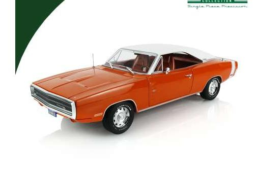 DODGE Charger R/T SE HEMI *Artisan Collection*, Go Mango with White Vinyl Top & Bee Stripe - Magnum 500s and Optional Rocker Molding (1970), orange / white