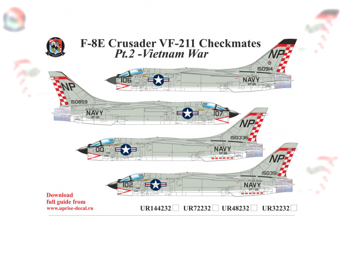 Декаль для F-8E Crusader VF-211 Checkmates Pt.2, с тех. надписями, FFA (удаляемая лаковая подложка)