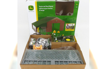 JOHN DEERE 4020 Tractor (1968) With Animals And Farm Building - Diorama Stalla Con Animali, Green