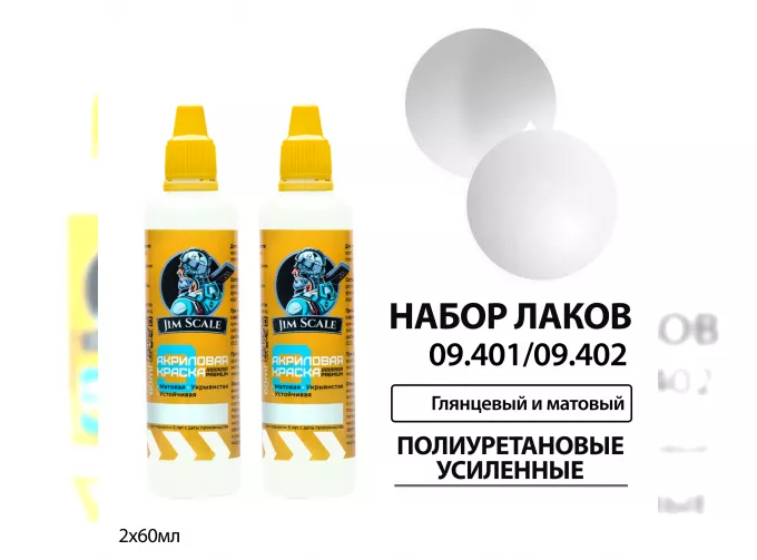 Набор полиуритановых усиленных лаков Jim Scale: матовый и глянцевый 2 цвета по 60 мл