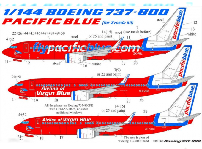 Декаль для Boeing 737-800 Pacific Blue Old with stencils