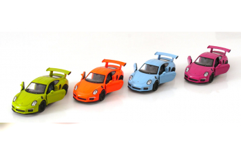 PORSCHE 911 (991) GT3 RS set with 12 Pullback modelcars, light-green, light-orange, light-blue pink