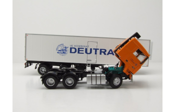 VOLVO F12 Truck With Trailer Deutrans 1980, orange / white