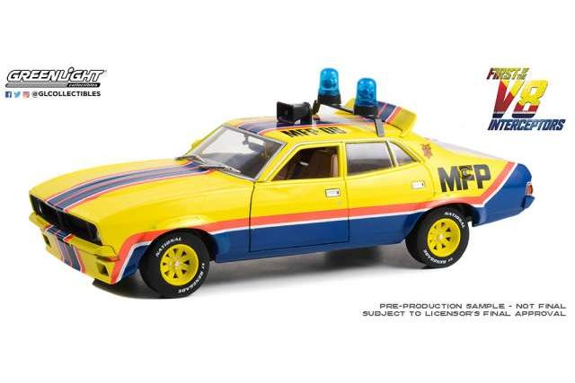 FORD Falcon XB 4-Door Sedan M.F.F #8 Big Bopper XB Police Pursuit *First of the V8 Interceptors 1979 Roop and Charlie's* (1974), yellow / blue 1974
