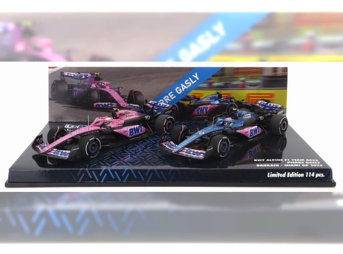 RENAULT Set 2x F1 A523 Team Bwt Alpine №10 9th Bahrain Gp 2023 + №10 8th Miami Gp 2023 Pierre Gasly, Blue Black Pink