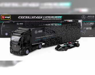 MERCEDES-BENZ Actros 2 Gigaspace Truck Car Transporter With F1 Mercedes Gp W14 Team Mercedes-amg Petronas Formula One №63 Season (2023) George Russell, Silver Black