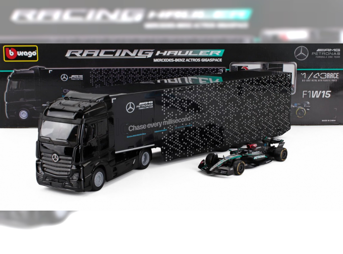 MERCEDES-BENZ Actros 2 Gigaspace Truck Car Transporter With F1 Mercedes Gp W14 Team Mercedes-amg Petronas Formula One №63 Season (2023) George Russell, Silver Black