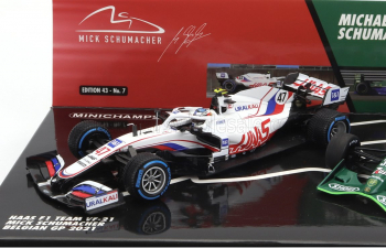 HAAS F1 Set 2x Vf-21 Ferrari 065/6 Team Uralkali №47 Belgium Gp (2021) Mick Schumacher + Jordan 191 Ford №32 First F1 Race Spa Belgium Gp (1991) Michael Schumacher - 30th Anniversary, White Green