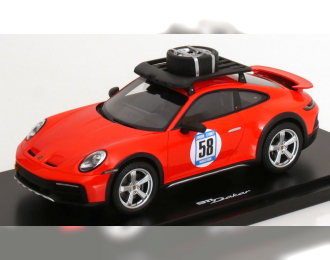 PORSCHE 911 992 №58 Rally Dakar Red 58 Special With Pack Roof (2023) - Con Vetrina - With Showcase, Blood Orange