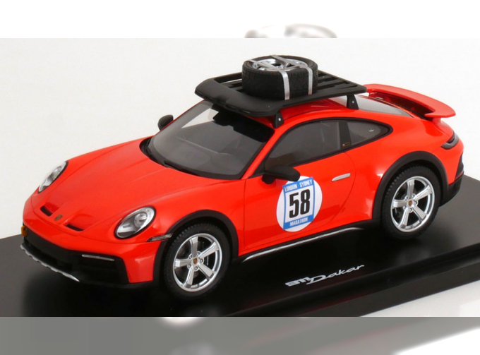 PORSCHE 911 992 №58 Rally Dakar Red 58 Special With Pack Roof (2023) - Con Vetrina - With Showcase, Blood Orange