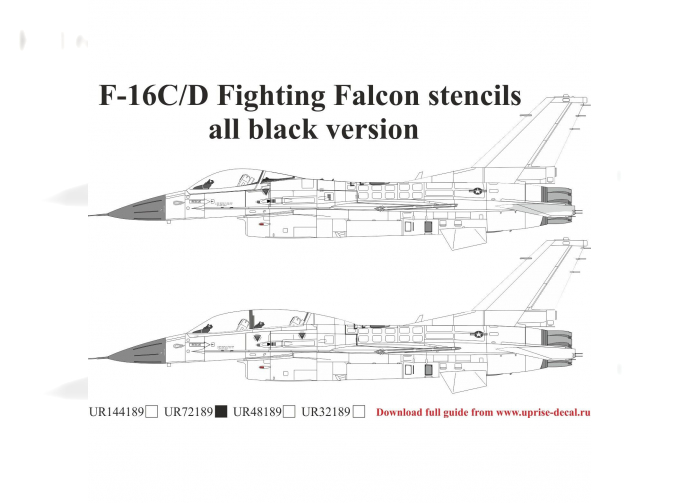 Декаль F-16C/D Fighting Falcon, с тех. надписями, чёрная версия, FFA (удаляемая лаковая подложка)