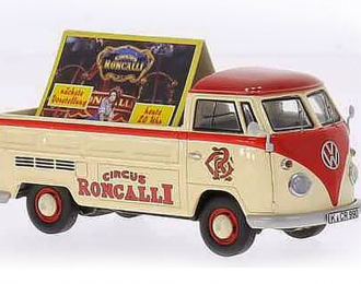 VOLKSWAGEN T1 flatbed platform trailer, Circus Roncalli with Werbeaufsteller, beige / red